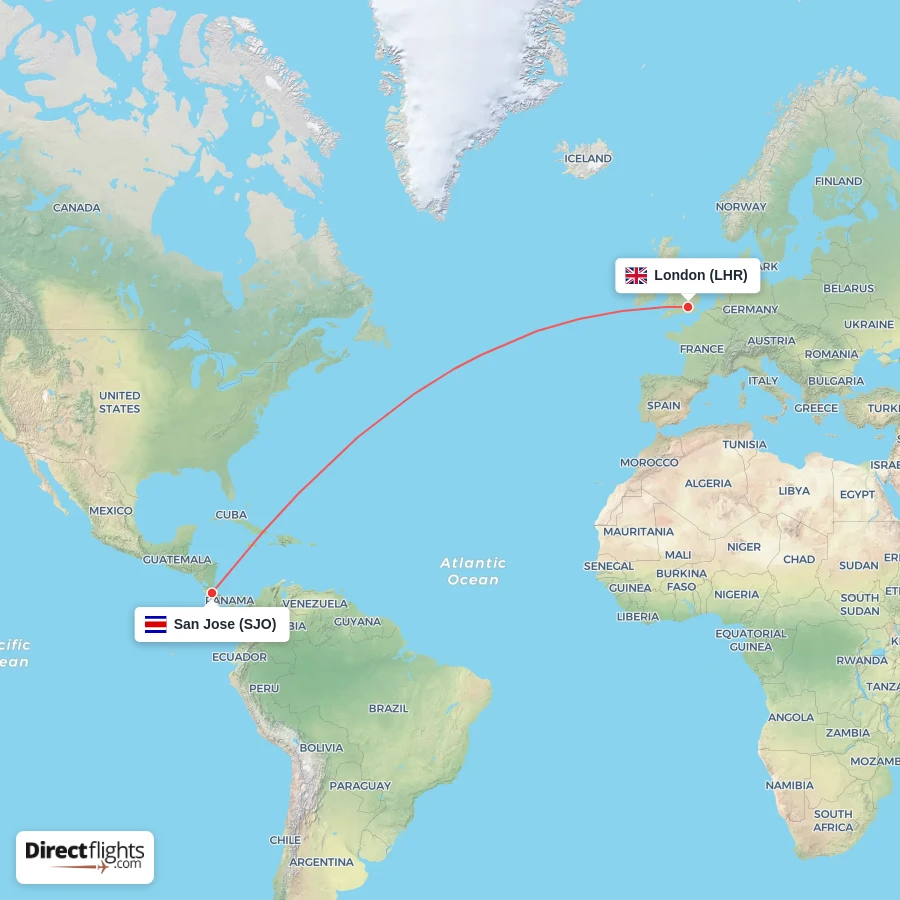 SJO - LHR route map