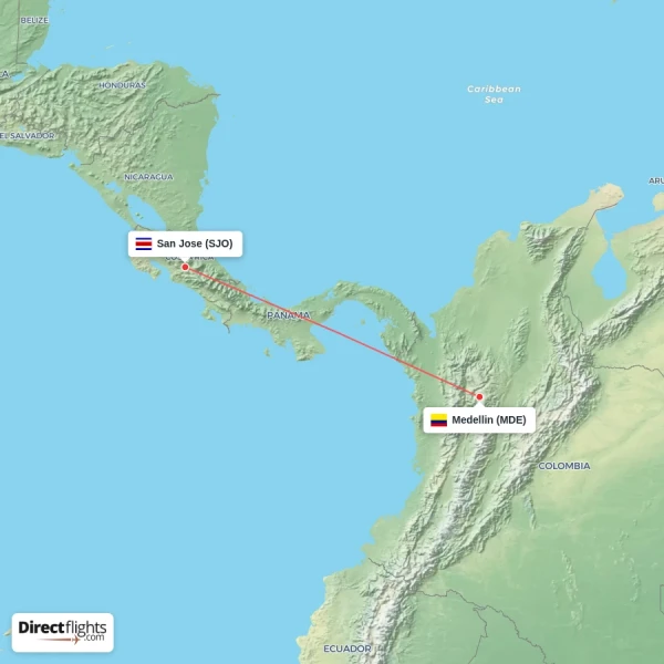 San Jose - Medellin direct flight map