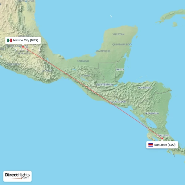 San Jose - Mexico City direct flight map