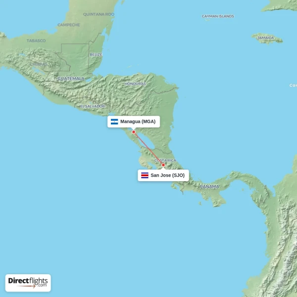 San Jose - Managua direct flight map