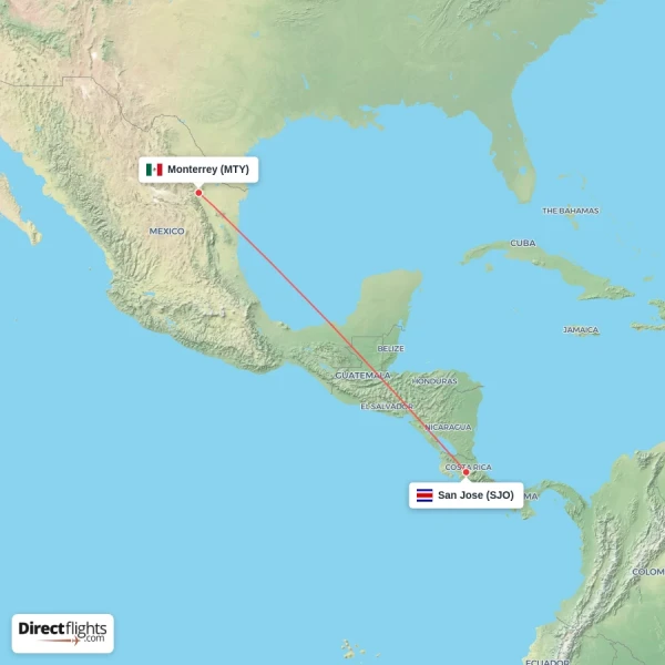San Jose - Monterrey direct flight map