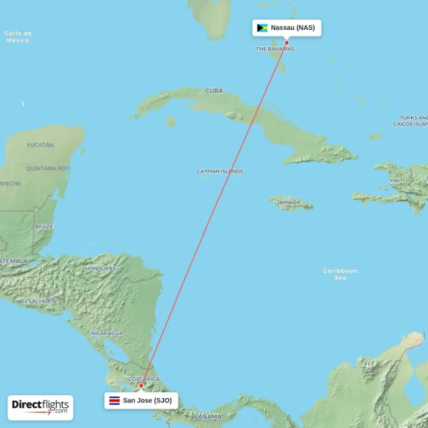 San Jose - Nassau direct flight map