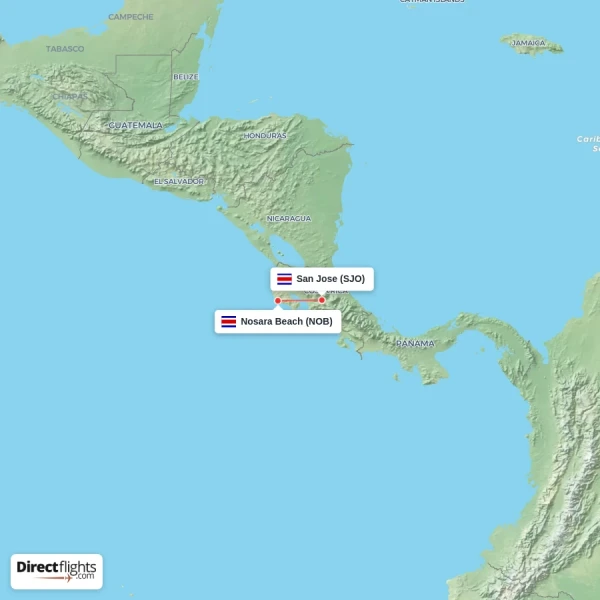 San Jose - Nosara Beach direct flight map