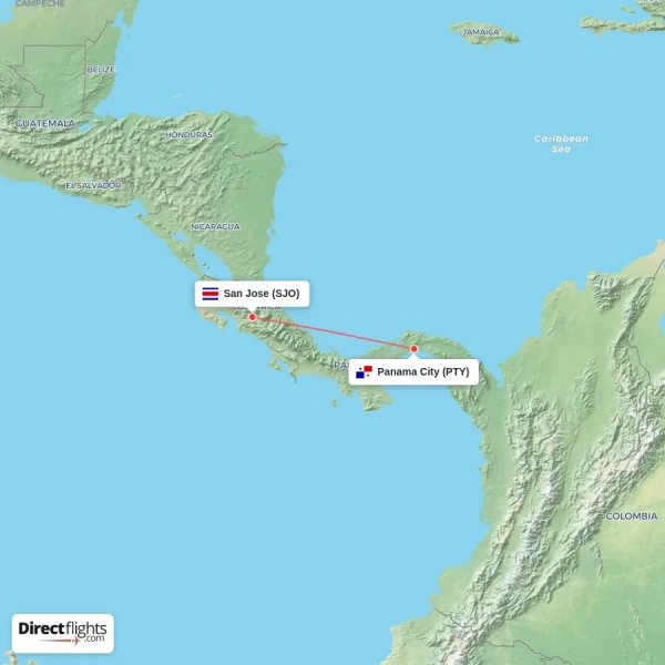 San Jose - Panama City direct flight map