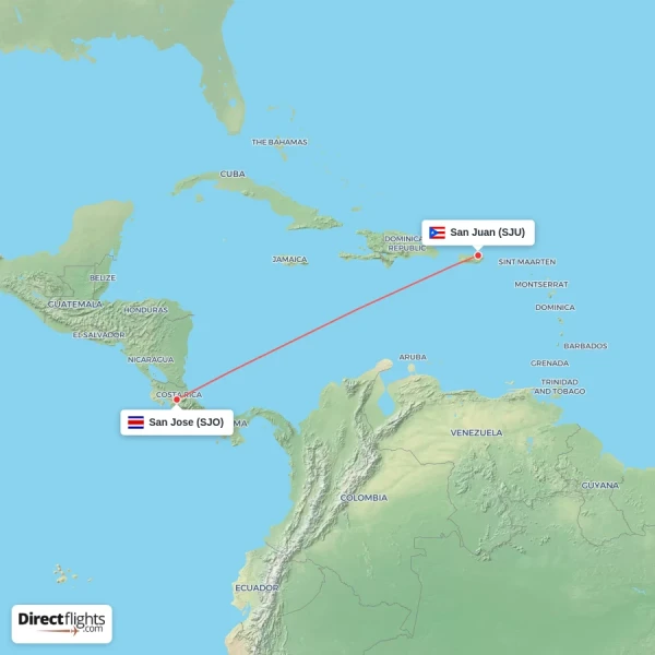 San Jose - San Juan direct flight map