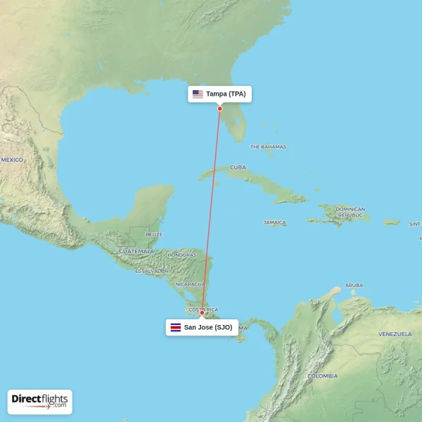 San Jose - Tampa direct flight map