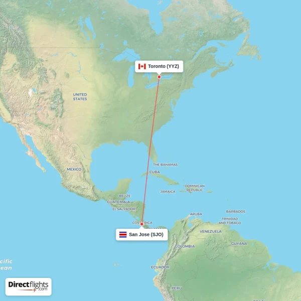 San Jose - Toronto direct flight map