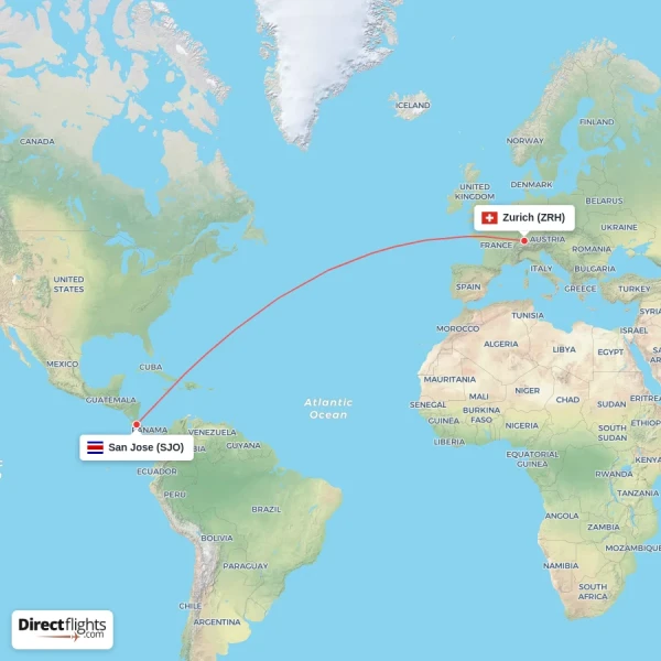 San Jose - Zurich direct flight map