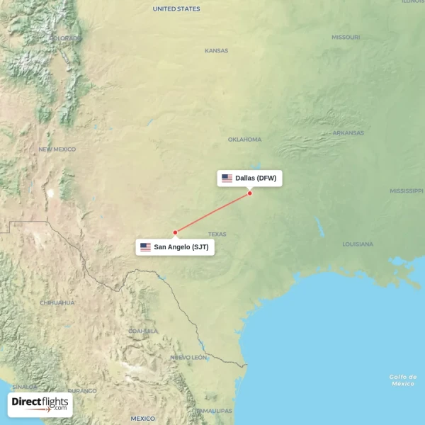 San Angelo - Dallas direct flight map