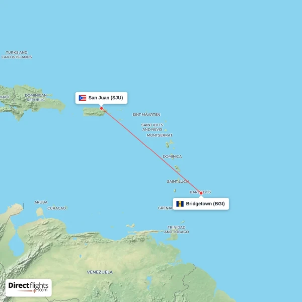 San Juan - Bridgetown direct flight map