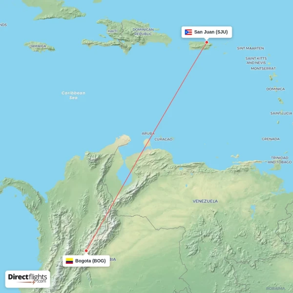 San Juan - Bogota direct flight map