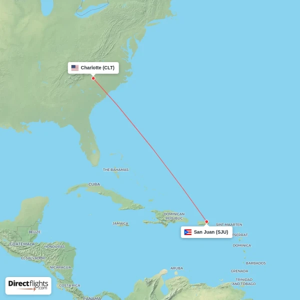 San Juan - Charlotte direct flight map