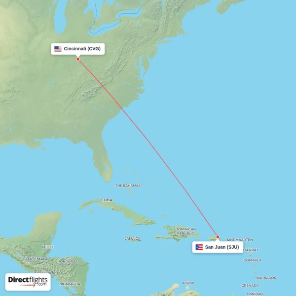 San Juan - Cincinnati direct flight map
