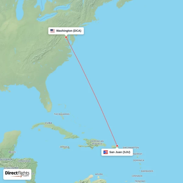 San Juan - Washington direct flight map
