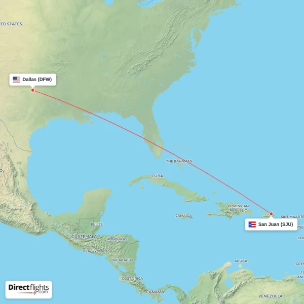 San Juan - Dallas direct flight map