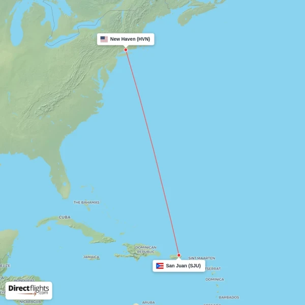 San Juan - New Haven direct flight map