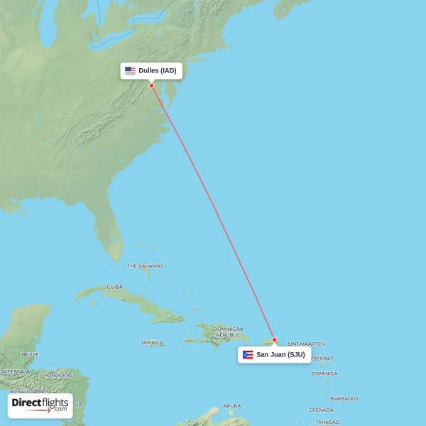 San Juan - Dulles direct flight map