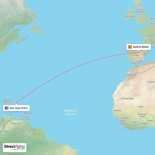 San Juan - Madrid direct flight map