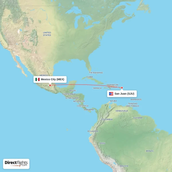 San Juan - Mexico City direct flight map