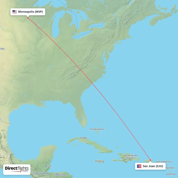 San Juan - Minneapolis direct flight map