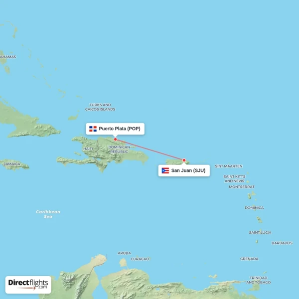 San Juan - Puerto Plata direct flight map