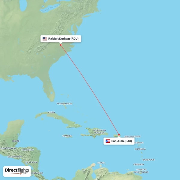 San Juan - Raleigh/Durham direct flight map
