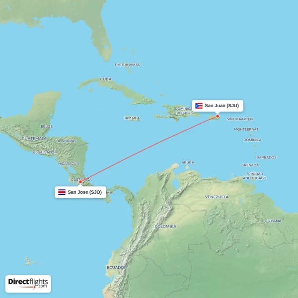 San Juan - San Jose direct flight map