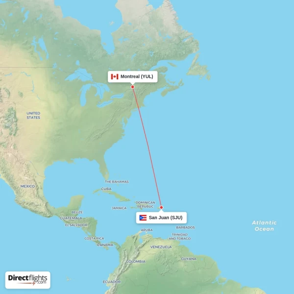 San Juan - Montreal direct flight map