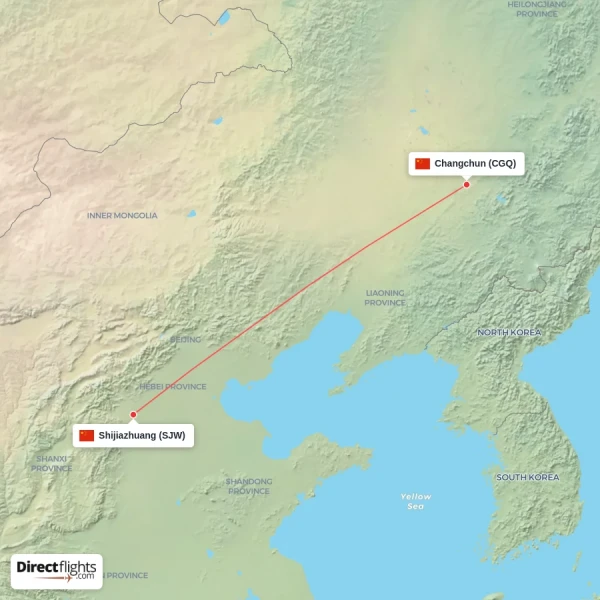 Shijiazhuang - Changchun direct flight map
