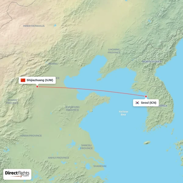 Shijiazhuang - Seoul direct flight map