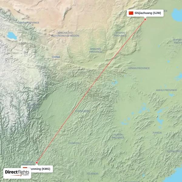 Shijiazhuang - Kunming direct flight map