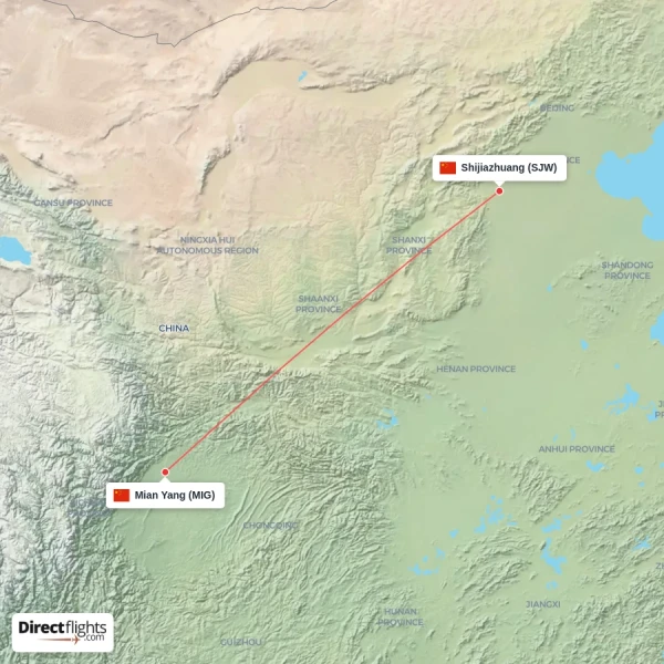 Shijiazhuang - Mian Yang direct flight map