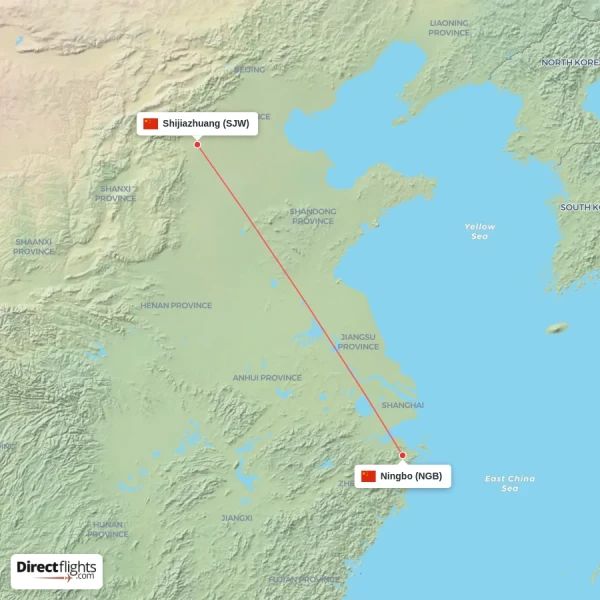 Shijiazhuang - Ningbo direct flight map