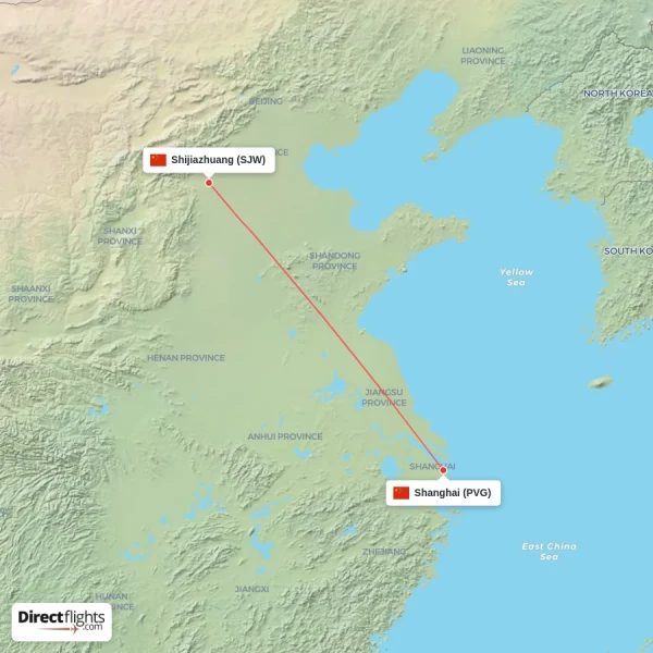 Shijiazhuang - Shanghai direct flight map