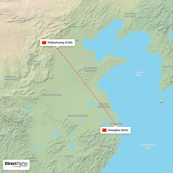 Shijiazhuang - Shanghai direct flight map