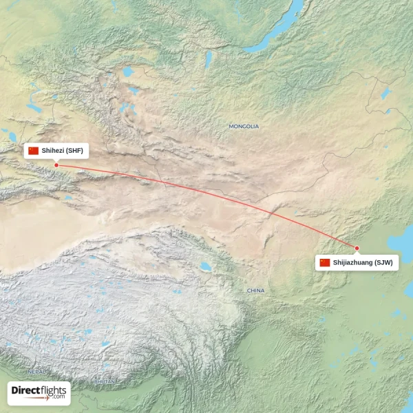 Shijiazhuang - Shihezi direct flight map
