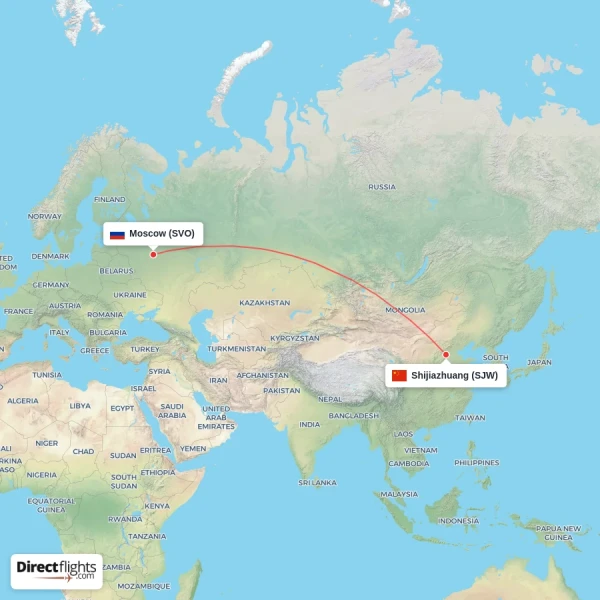 Shijiazhuang - Moscow direct flight map