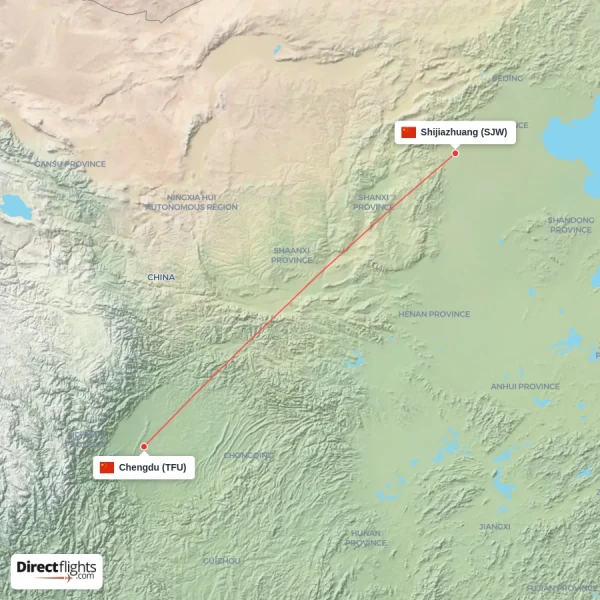 Shijiazhuang - Chengdu direct flight map