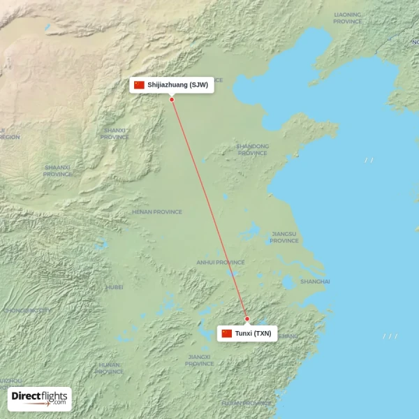 Shijiazhuang - Tunxi direct flight map