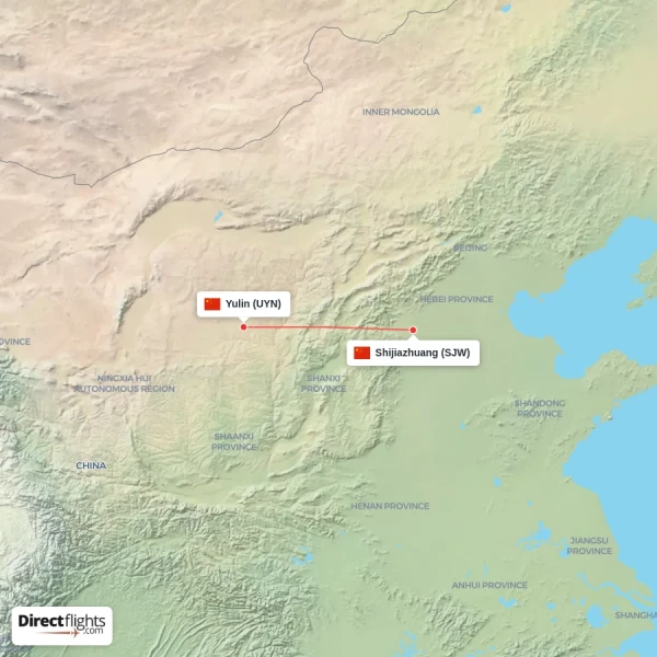 Shijiazhuang - Yulin direct flight map