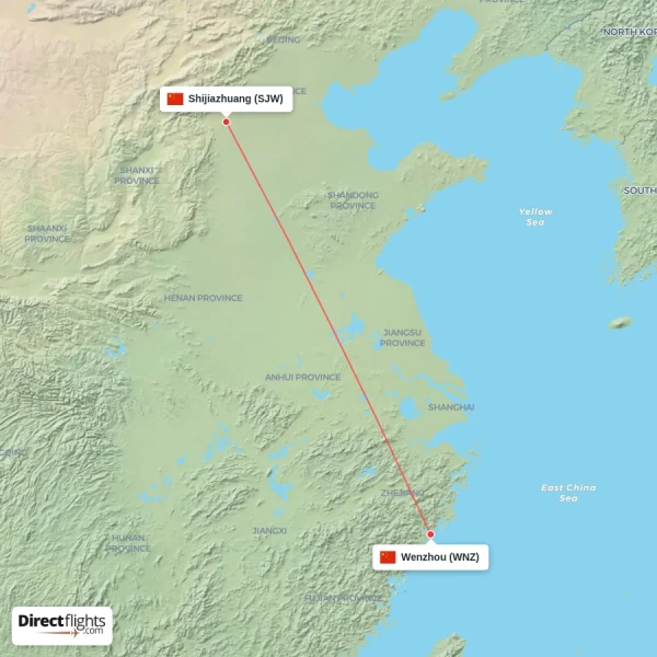 Shijiazhuang - Wenzhou direct flight map