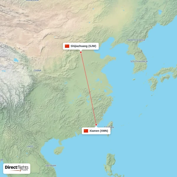 Shijiazhuang - Xiamen direct flight map