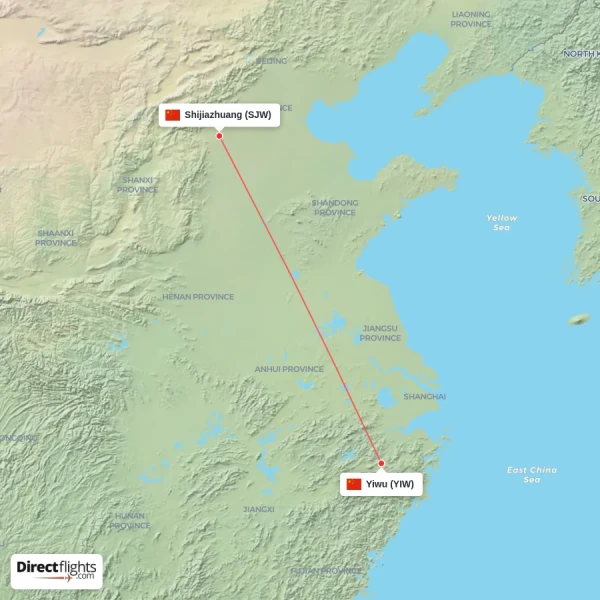 Shijiazhuang - Yiwu direct flight map