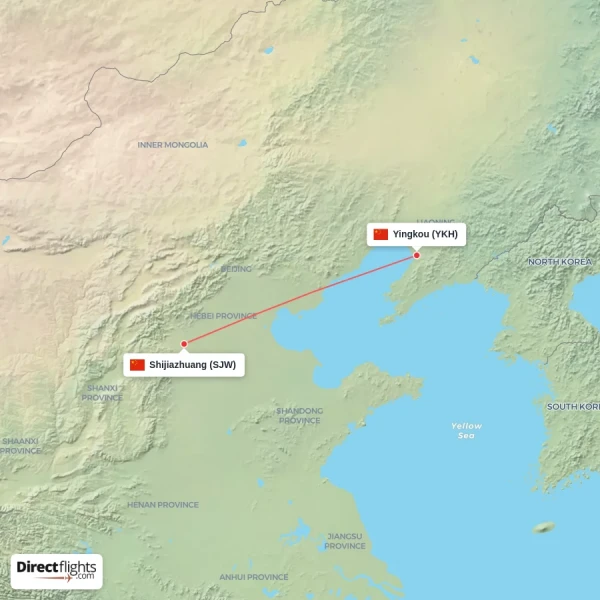 Shijiazhuang - Yingkou direct flight map