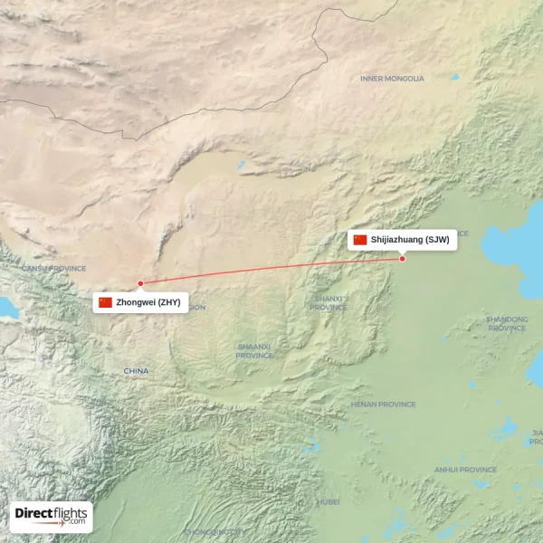 Shijiazhuang - Zhongwei direct flight map