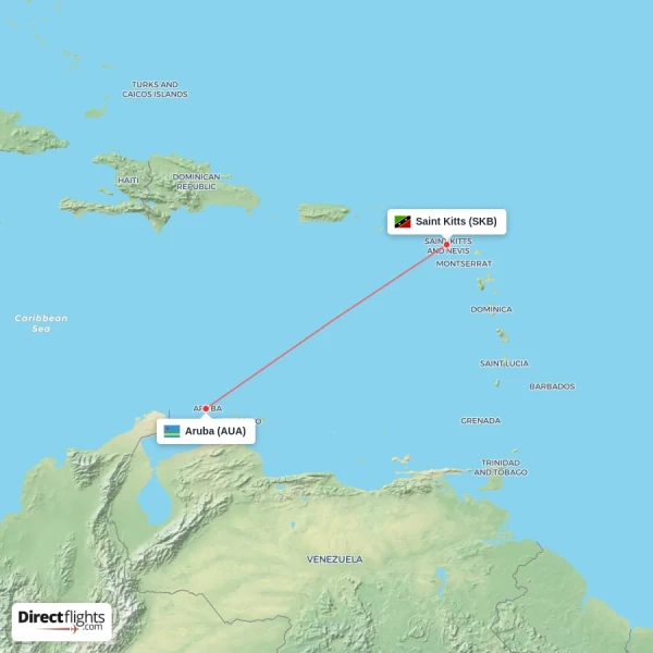 Saint Kitts - Aruba direct flight map