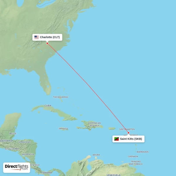 Saint Kitts - Charlotte direct flight map