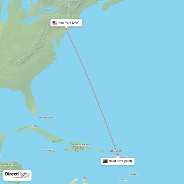 Saint Kitts - New York direct flight map