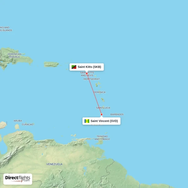 Saint Kitts - Saint Vincent direct flight map