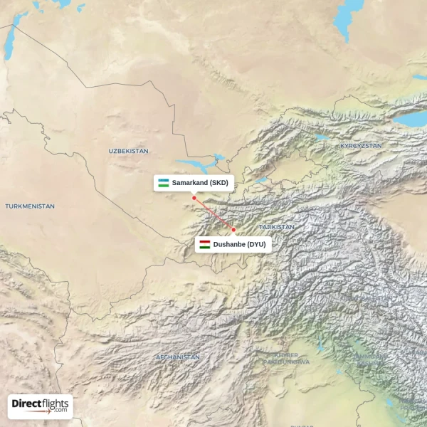 Samarkand - Dushanbe direct flight map